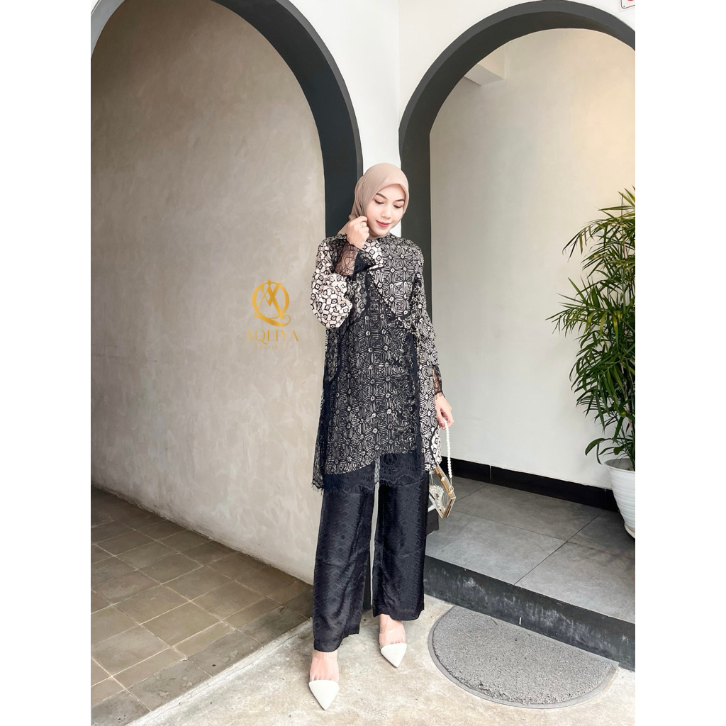 NADIA Set Kimono Chantilly Lace Blouse / Tunik dan Celana Batik Modern Viscose Kondangan