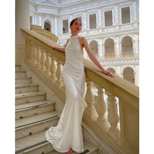 wedding dress  satin halther  neck  dress   simple  korean style  wedding dress  / party dress  whit