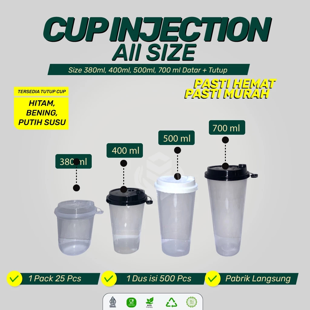 Gelas Boba 700 ml Datar Plus Tutup Cup Injection 700 ml Plus Tutup (Isi 25 Set - CI700)