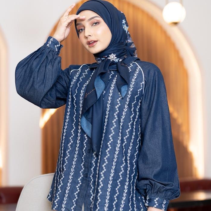 MANDJHA Lavsha Blue Denim Blouse IVAN GUNAWAN - Atasan Wanita Premium Kekinian Trend Modest