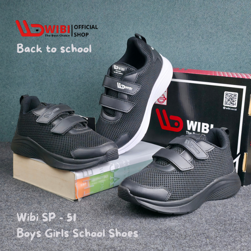 WIBI SP51-02 Sepatu Anak Sekolah Pria Wanita Full Hitam Size 35 sd 38