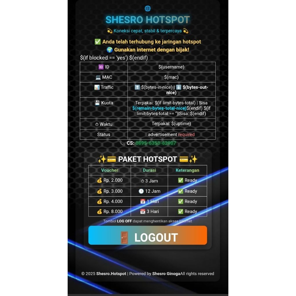 Login Page MikroTik Premium – Tema SHESRO HOTSPOT (Full Responsive & Elegant)
