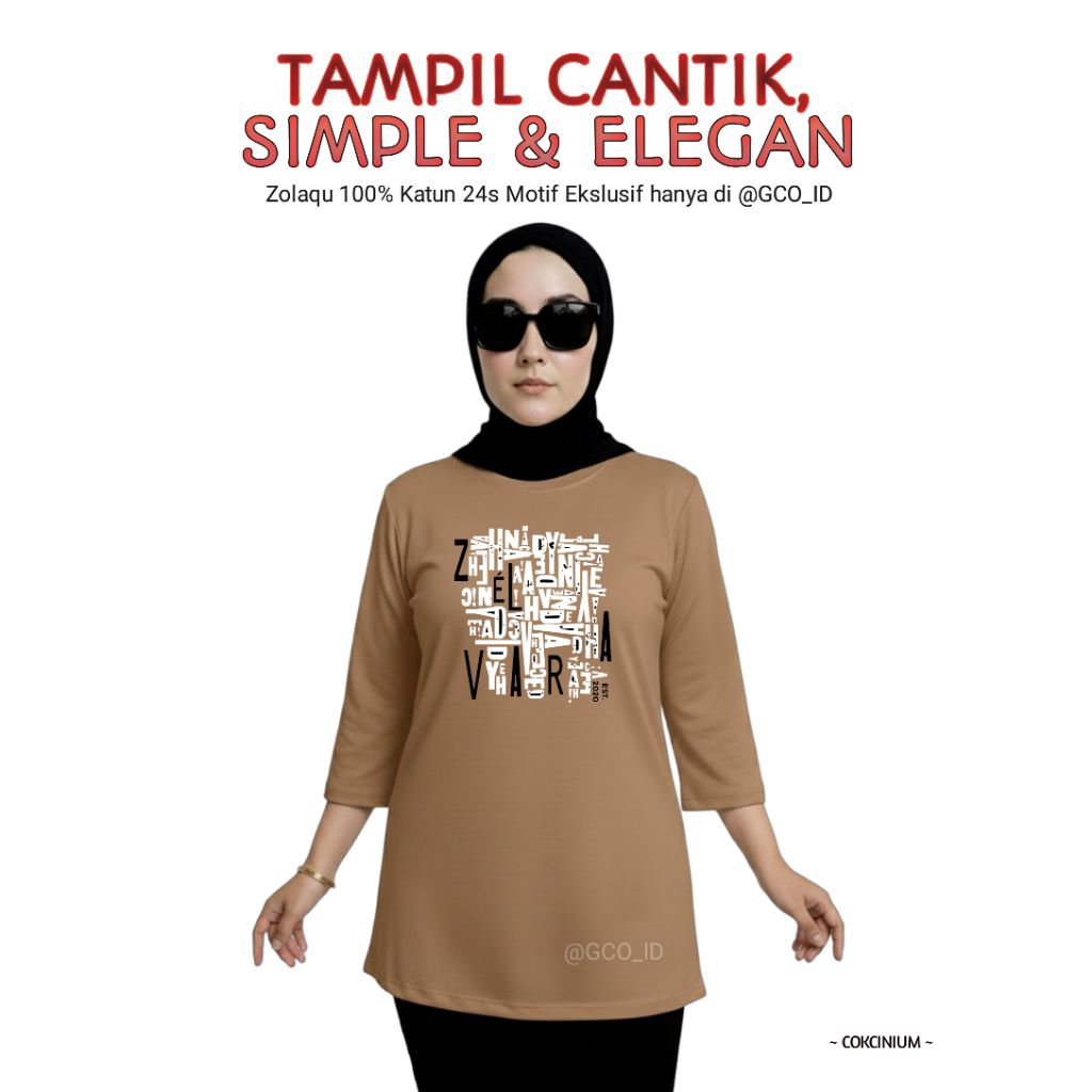 Semitunik Zolaqu Original Wanita Terbaru 2025 Motif Ekslusif | Kaos T-shirt Coklat Cinium Lengan Pan