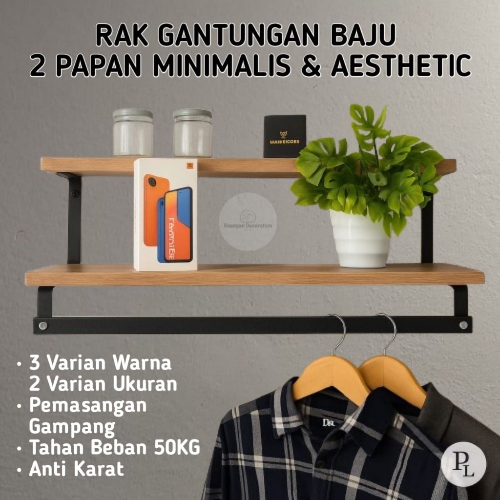 Rak Gantungan Baju Dinding 2 Papan – Rak Baju Minimalis Kayu dan Besi Estetik untuk Kamar & Rumah