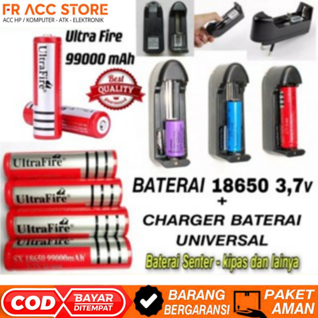 baterai 18650 ultrafire 99000mah 3,7v Charger Baterai 1 Slot universal
