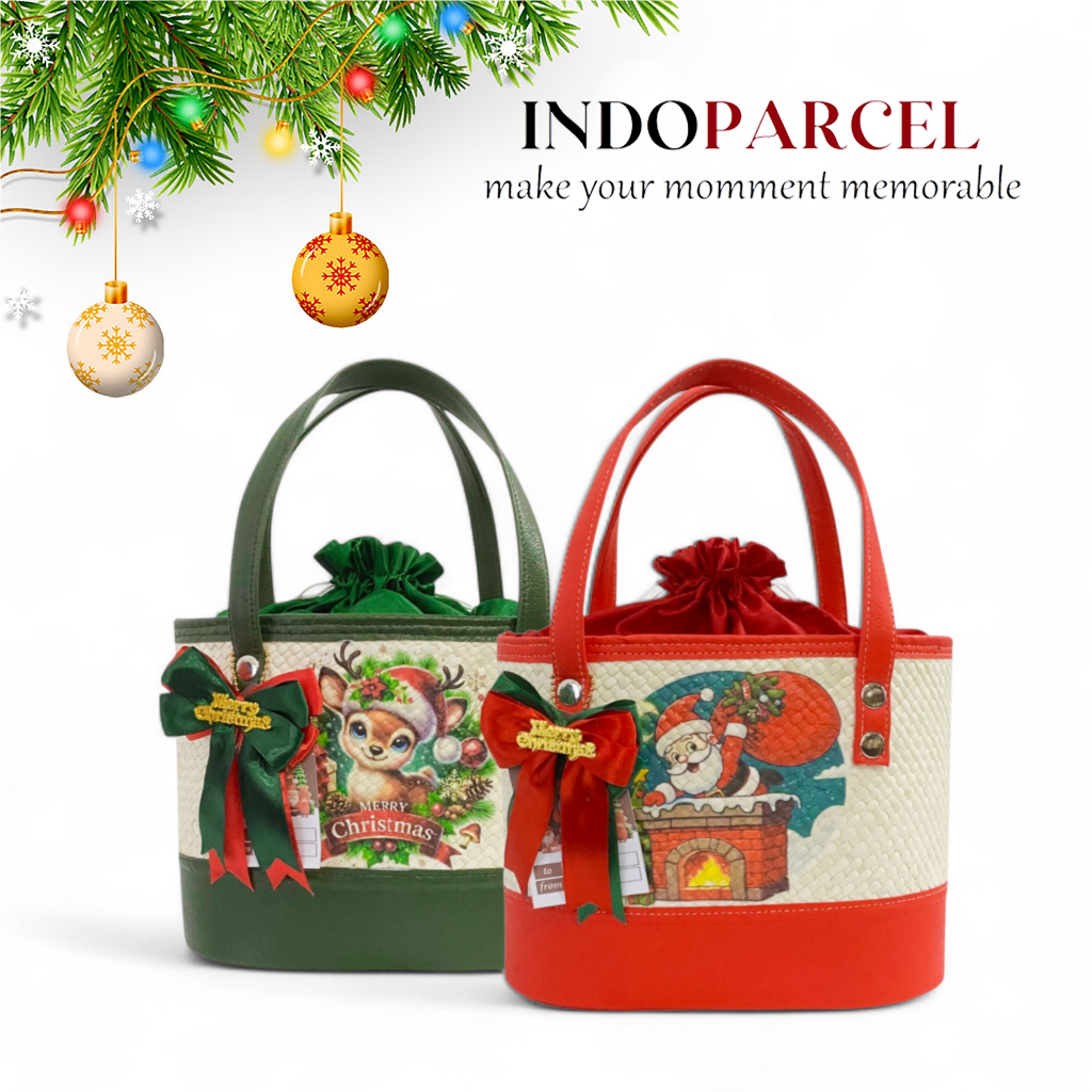 INDOPARCEL - Tas Oval Serut Natal Anyaman Pandan Tas Bingkisan Gift Bag Tas Kado Tas Totebag Decopag