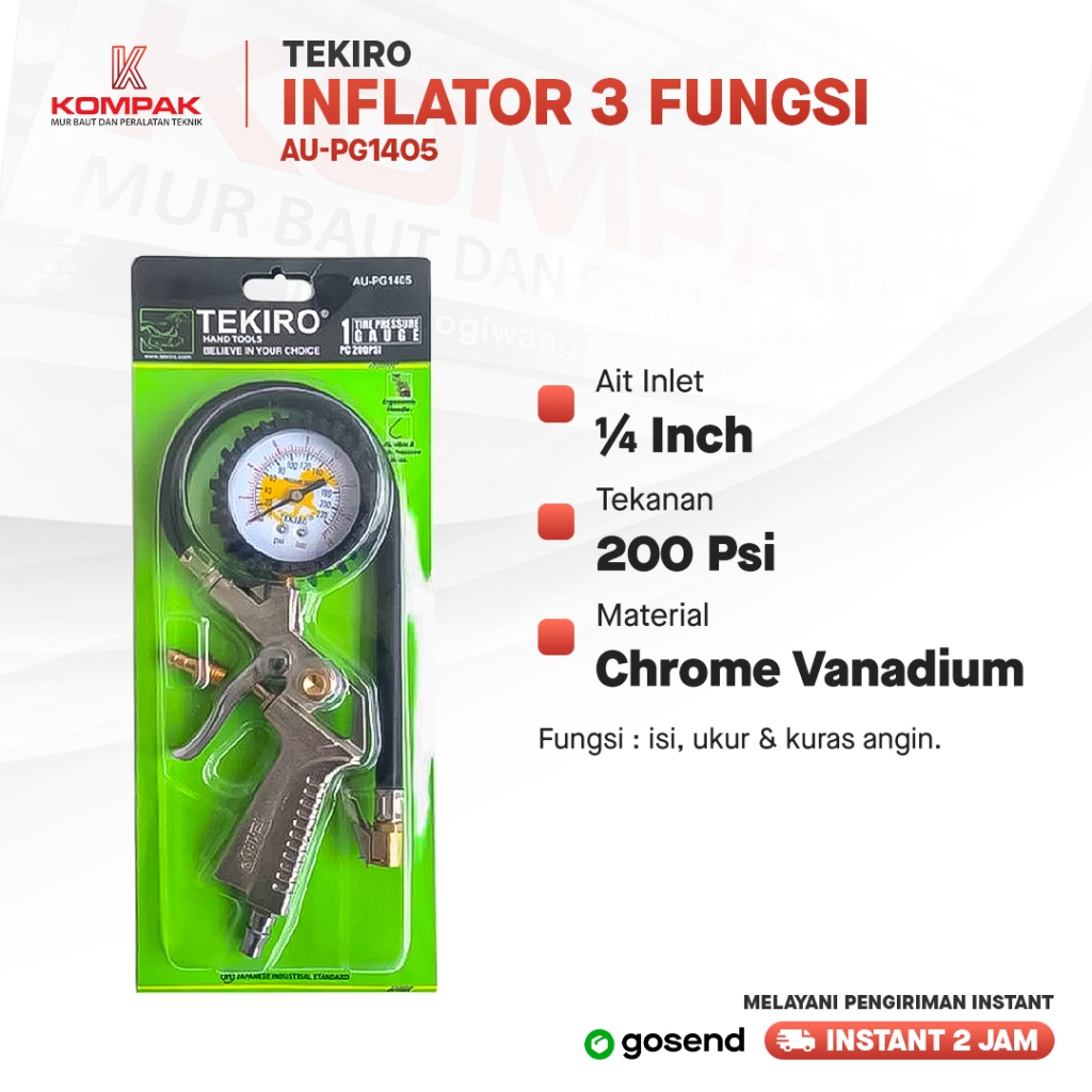 Tekiro Tyre Inflator Preasure Gauge 3 In 1 Isi Angin Ban Mobil Motor Tyre Gauge