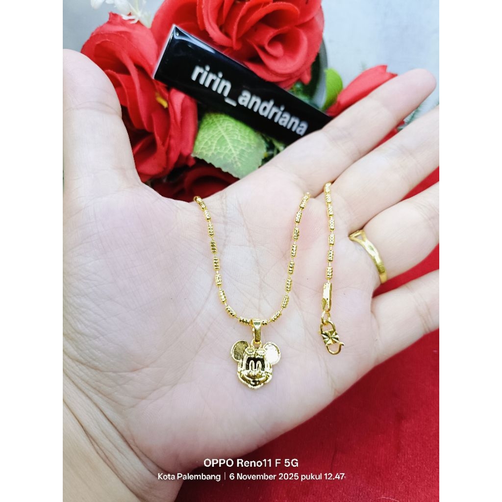 kalung bambu ulir Mickey lapis emas 24 k
