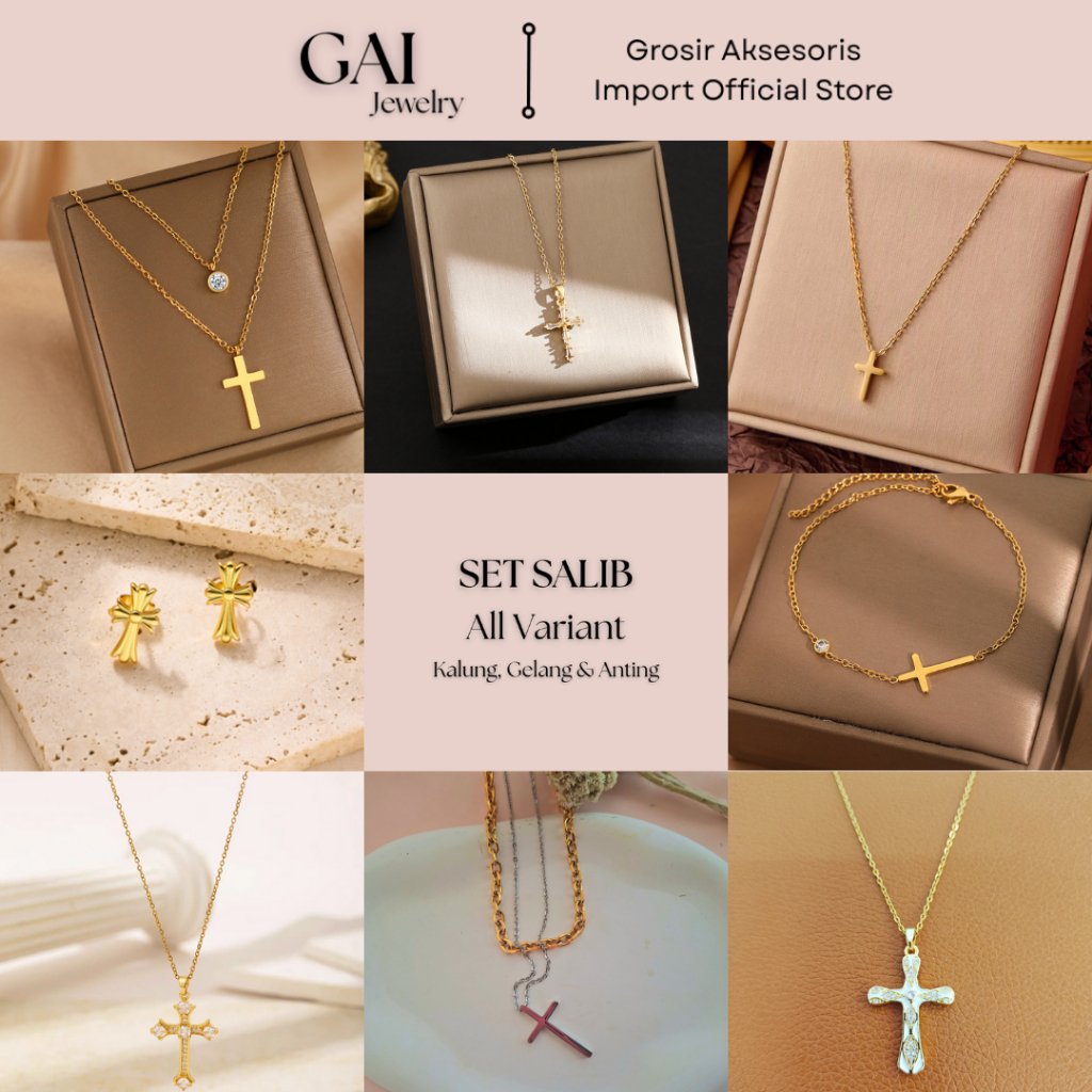 BEST DEAL | Set Kalung Salib Titanium Premium Lapis Emas 18KGP,  Aksesoris Wanita Elegan