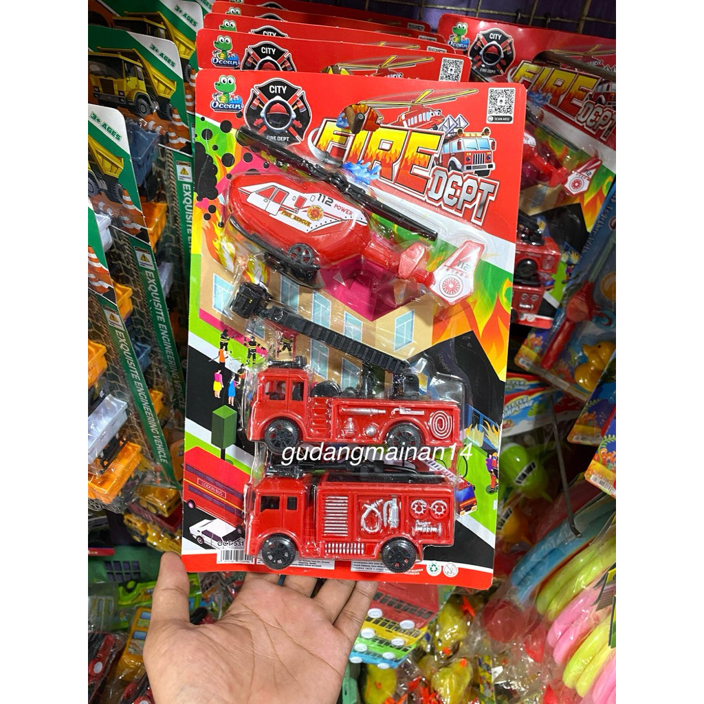 Mainan Anak Miniatur Truck/Helicopter Fire Dept Isi 3Pc
