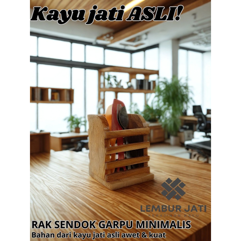 LEMBUR JATI KERAJINAN KAYU Rak Sendok Garpu Aesthetic Handmade Serbaguna - Tempat Pensil Skat Kayu M