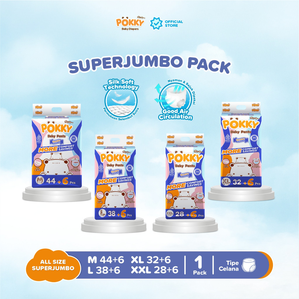 (POKKY PANTS) [1 BAG] POPOK CELANA BABY SUPER JUMBO PACK M44+6/L38+6/XL32+6/XXL28+6