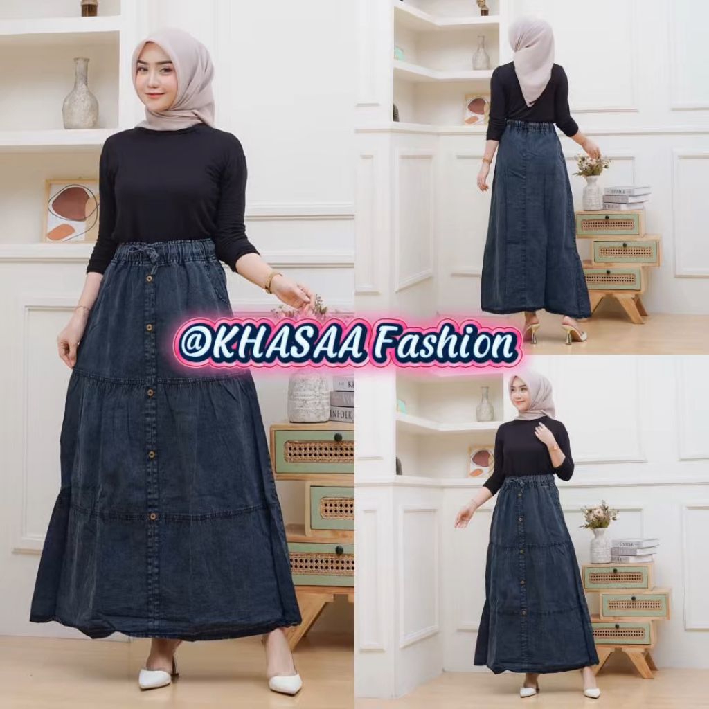 MEVA ROK JEANS WANITA 3 SUSUN | Rok Levis Denim Panjang Shelva Skirt Casual Elegan | ROK JEANS REMPE