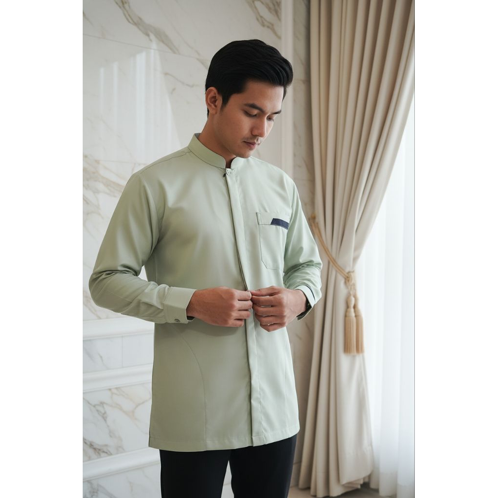 COD/Baju Koko Seragam Pesta/Koko warna hijau mint/Koko Lengan Manset/Koko hijau mints/Kemeja Koko
