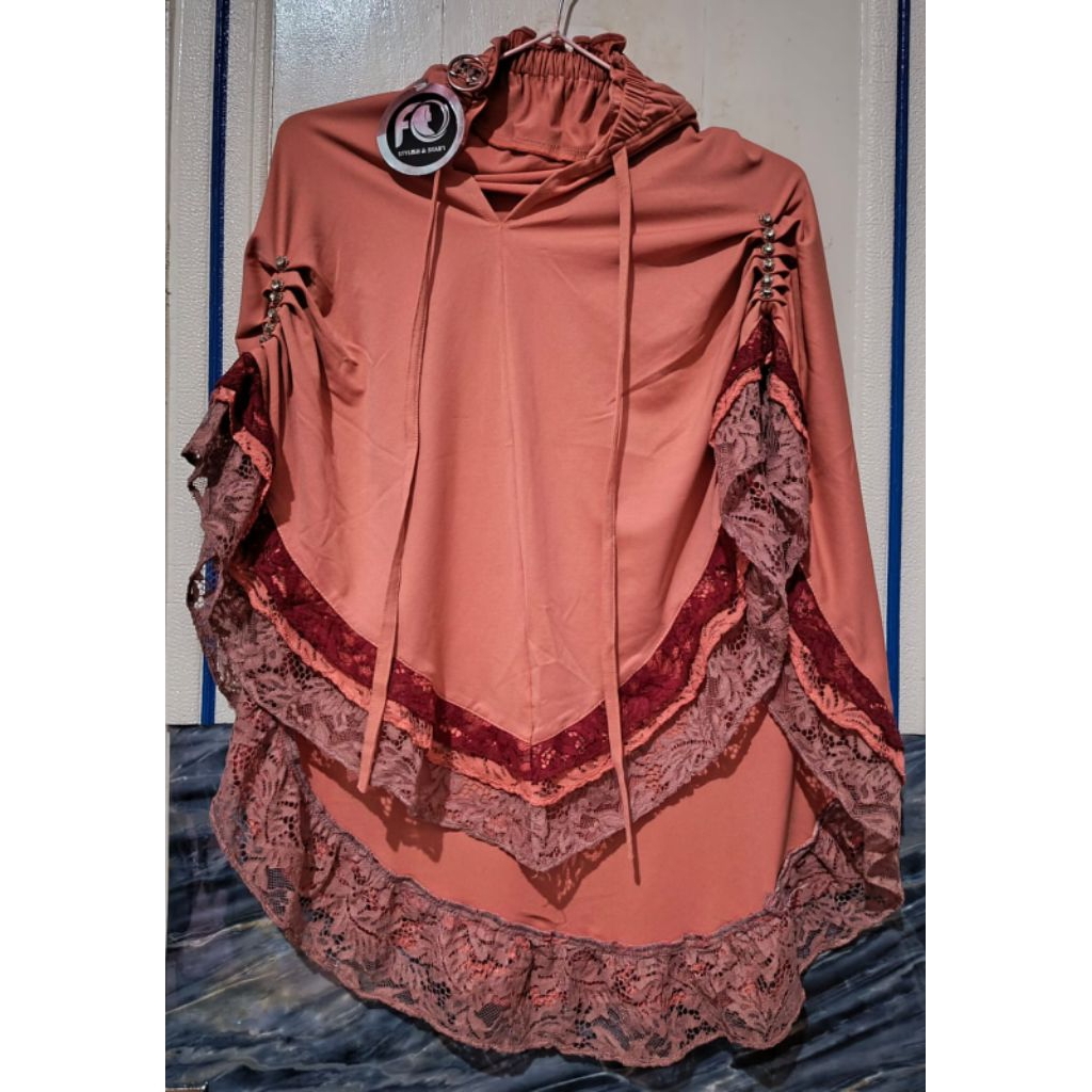 Hijab Instan Bergo tali kerut dahi Renda tumpuk tiga by FO