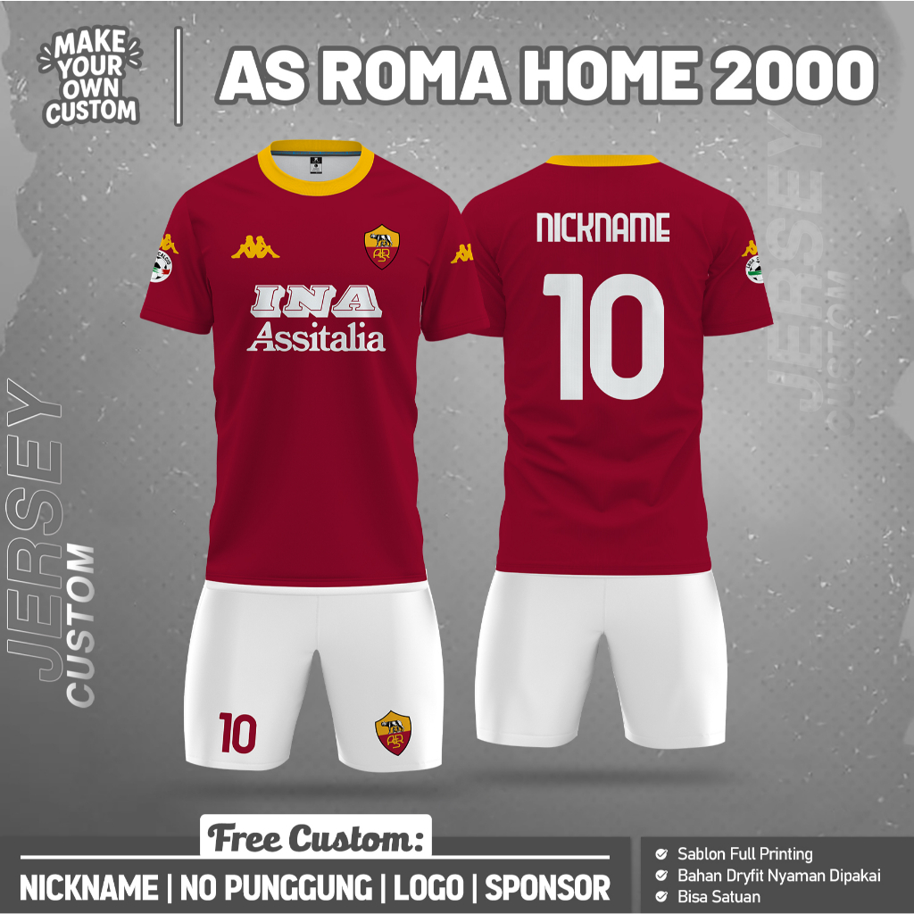 Baju Jersey Bola AS ROMA HOME 2000 PENDEK Free Custom Nama Nomor Logo Anak Dewasa Full Printing