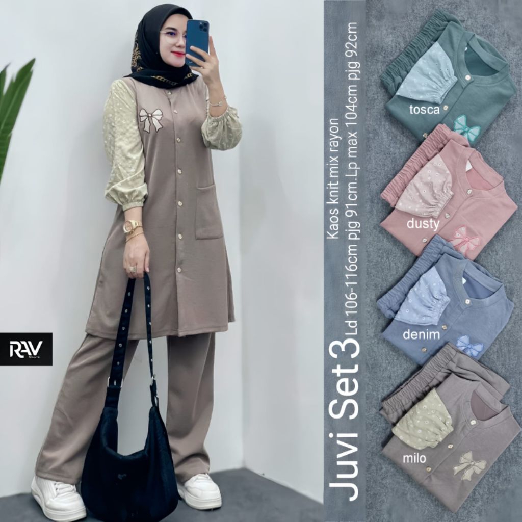 Juvi Set By RAVstore//Oneset Wanita Kekinian Bahan Kaos Knit Mix Rayon Kancing Aktif Model Tunik Cel