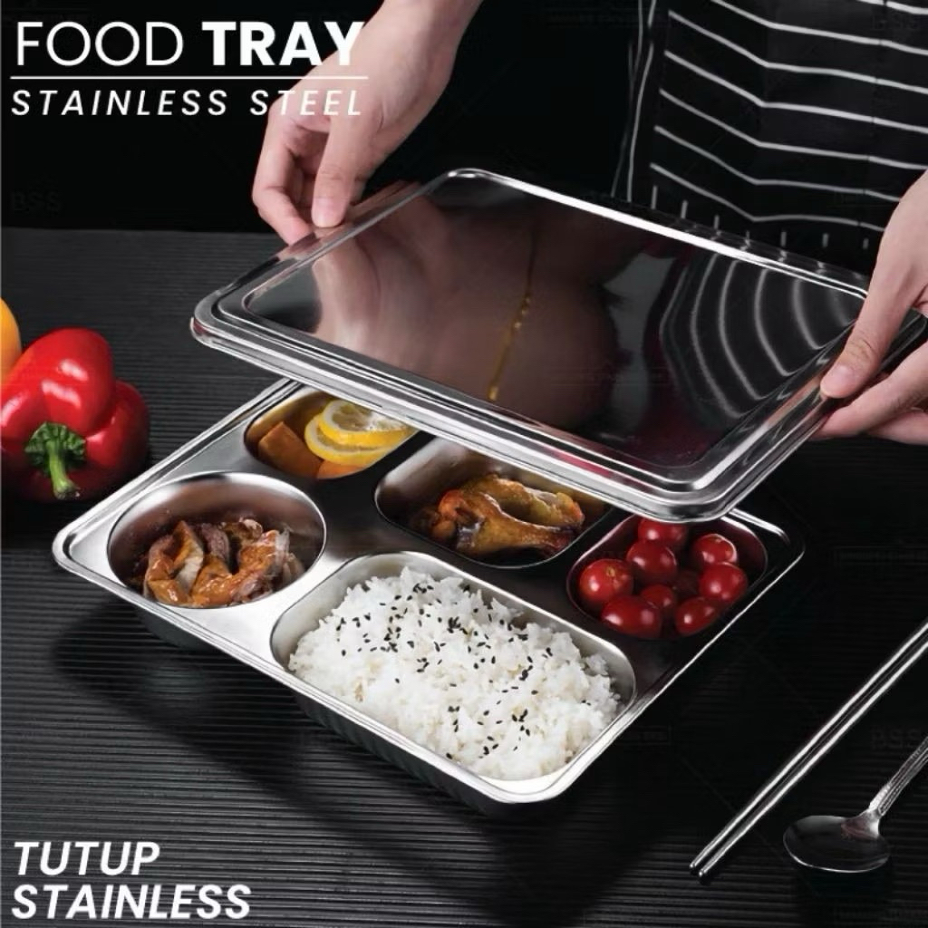 Food Tray 5 Sekat Stainless + Tutup Stainless / Lunch Box Stainless / Mesh Tray 5 Lubang + Tutup