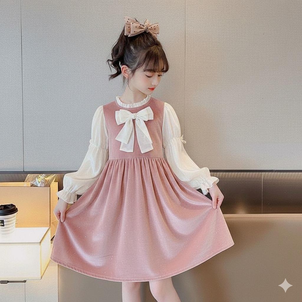 Dress Bludru Anak Perempuan Usia 1-4  Tahun | Baju Lengan Panjang Serut Kombinasi Dress Bludru Varia