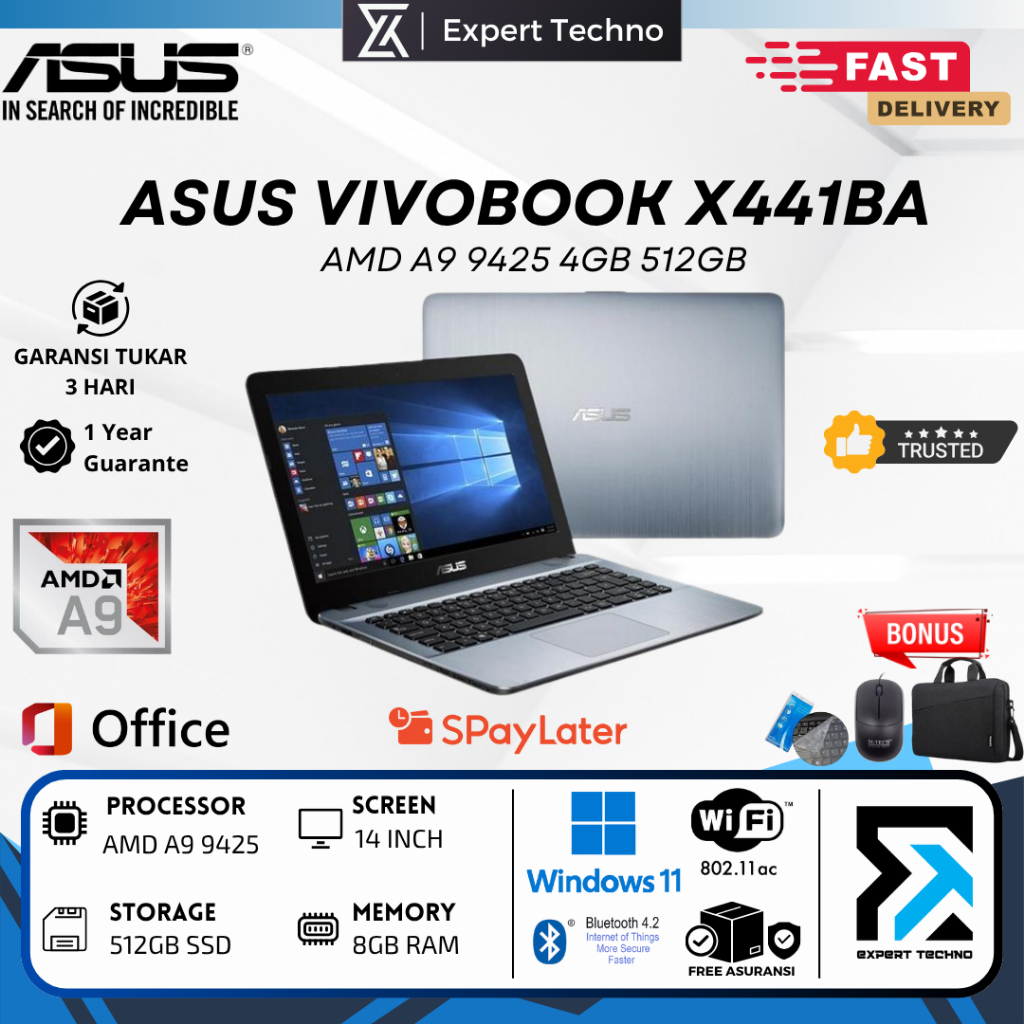 LAPTOP ASUS X441BA AMD A9-9425 - RAM 8GB - SSD 512GB - 14 INCH - DVD WINDOWS 10 OFFICE - FREE BONUS