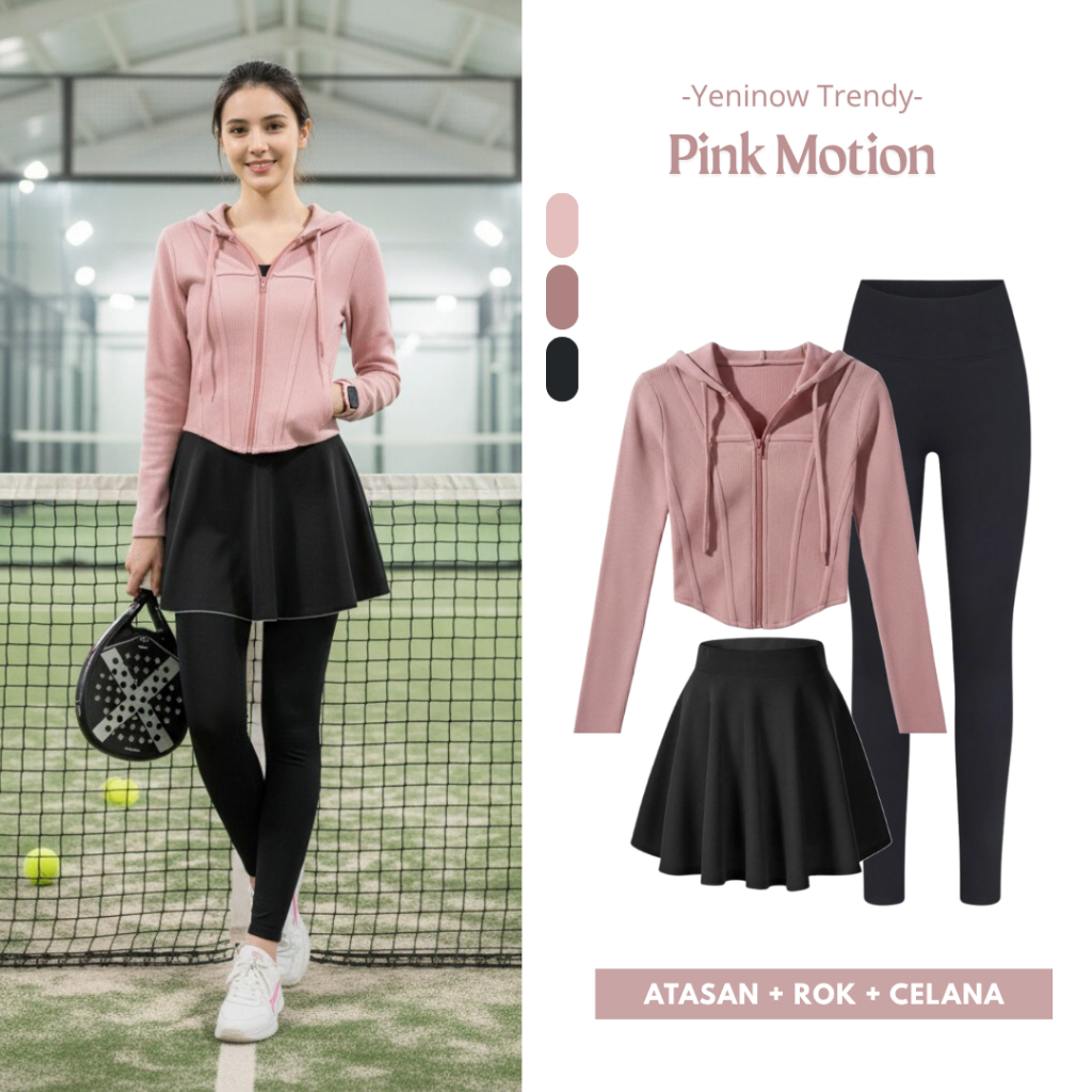 Pink Motion One Set Olahraga (Hoodie,Rok, Legging, Jilbab) Lengkap Hijab Simple Casual Outfit Joggin