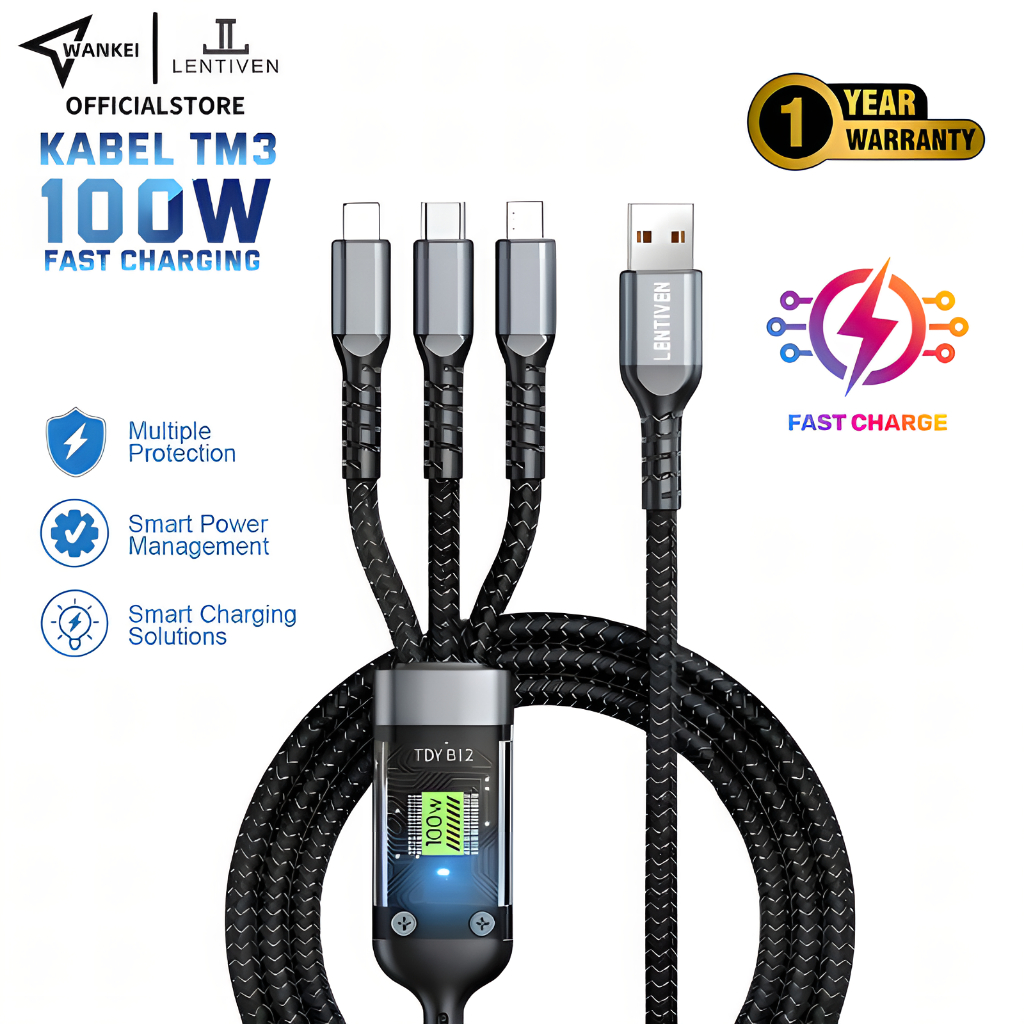 WANKEI LENTIVEN Kabel Data 3 in 1 Fast Charging 100W For Iphone / Android Garansi 1 Tahun Kabel TM3
