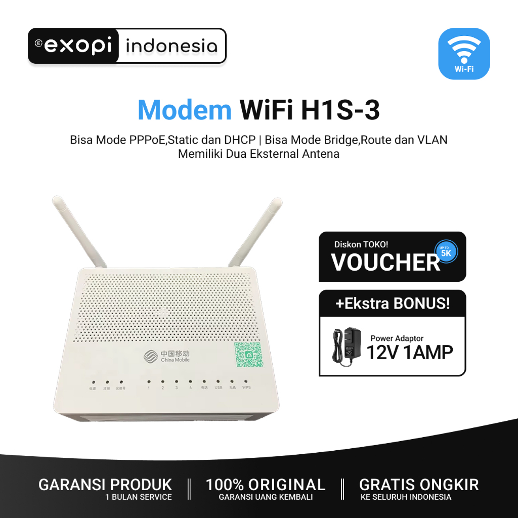 Modem XPON H1S-3 Gpon Epon Onu | Modem Router WiFi Dual Antena | Cocok Untuk RT RW Net Voucher