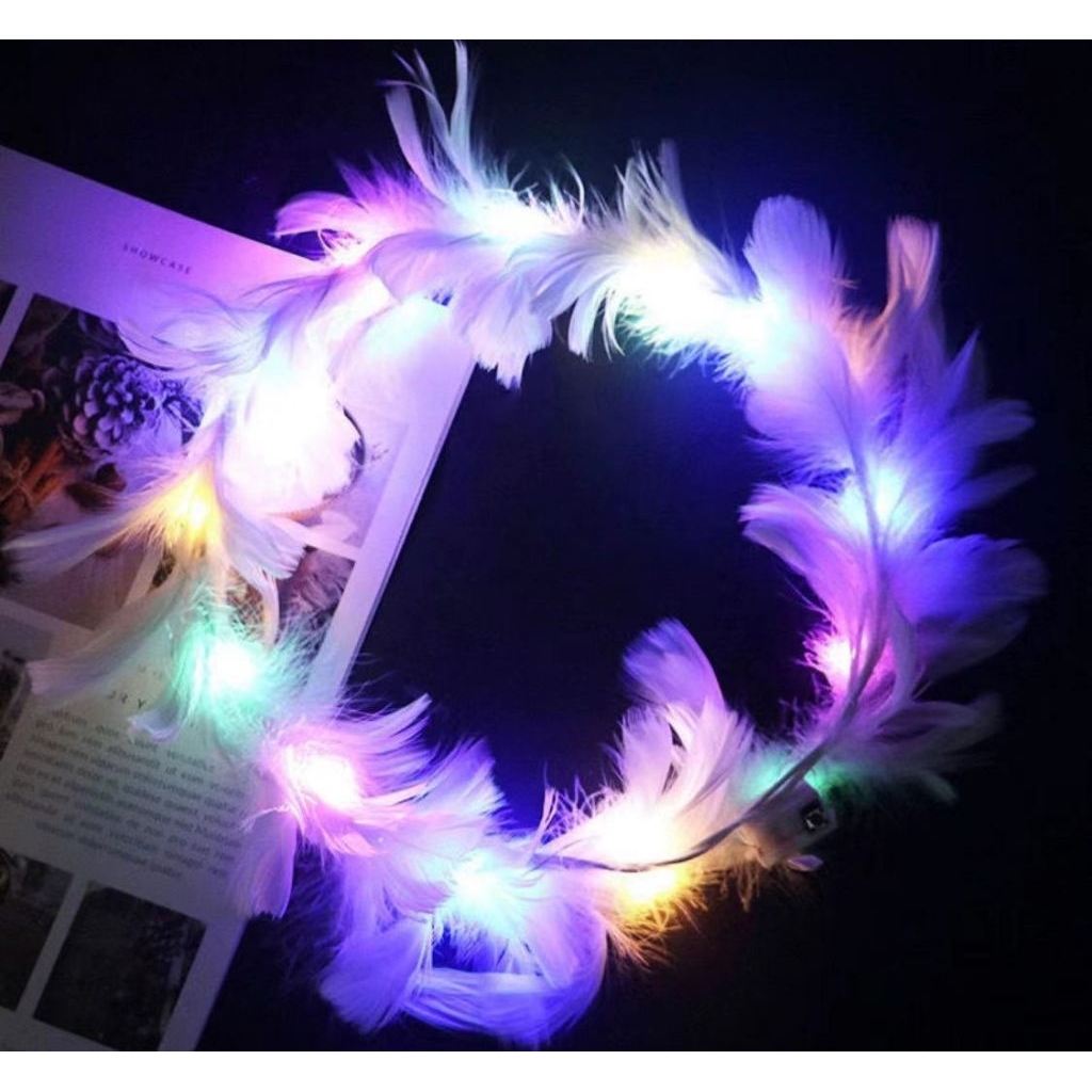 Topi angel led - lampu led bulu angsa - hiasan bidadari led - hallo led - topi bulu angsa led - led 