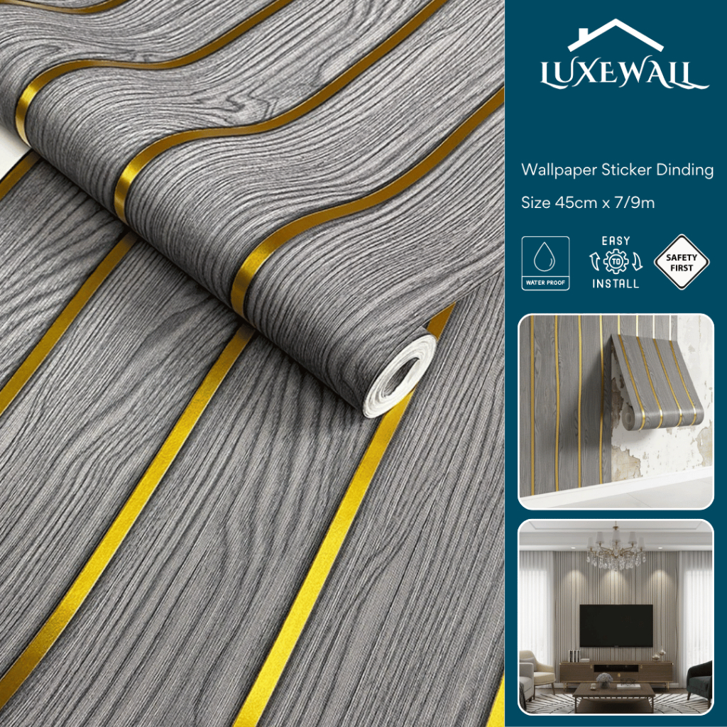 Luxewall Wallpaper dinding pvc motif Kayu Abu List Gold - Wallpaper Sticker Dekorasi Rumah
