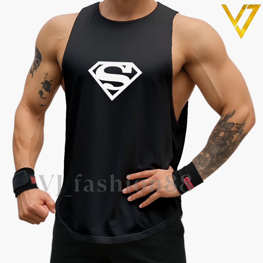 Singlet Tanktop Pria Hitam Belahan Low Cut Motif Superman
