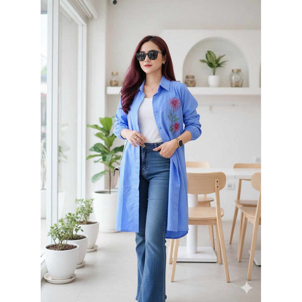 Tunik Wanita Kekinian Katun Poplin Bordir Model Basic Simple Elegant Busui Bordir Bunga Cantik Mewah