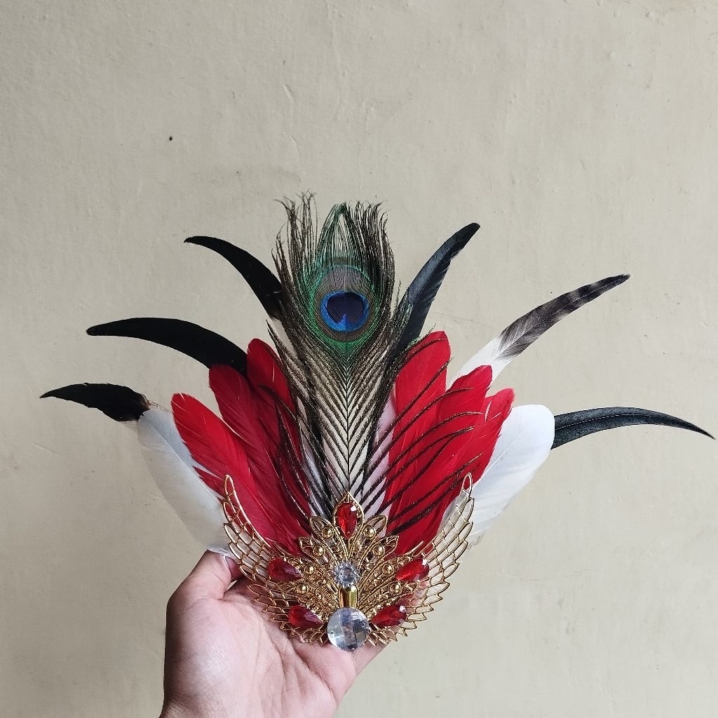 Emblem Bulu Hias Topi Komplit Merak Merah Series | Emblem Topi Pet | Atribut Topi LKBB | Paskibra | 