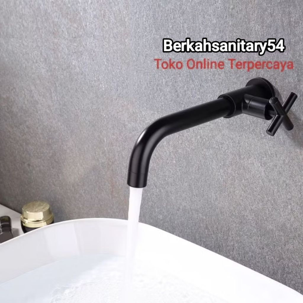 Kran Wastafel Dinding Hitam Stainless Steel Tebal/Kran Tembok/Kran Wudhu/Kran Cuci Tangan