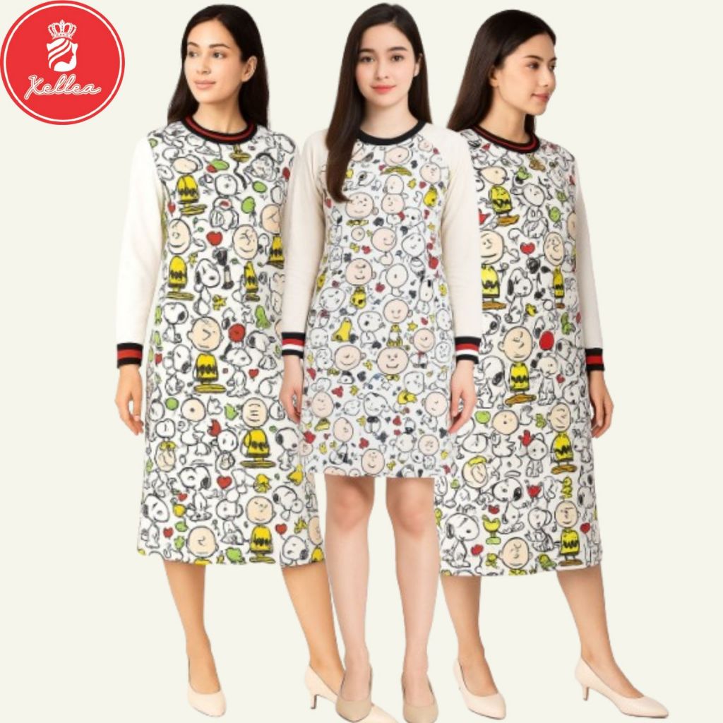 Tunik Putih Scuba Adem Baju Atasan Wanita Fashion Wanita Motif Kartun Snoppy Kain Spandex - XELLEA