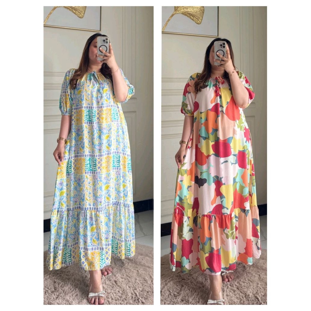 Yunita dress/ long dress lengan pendek motif/ dress midi tangan balon karet/ daster panjang modis/ H