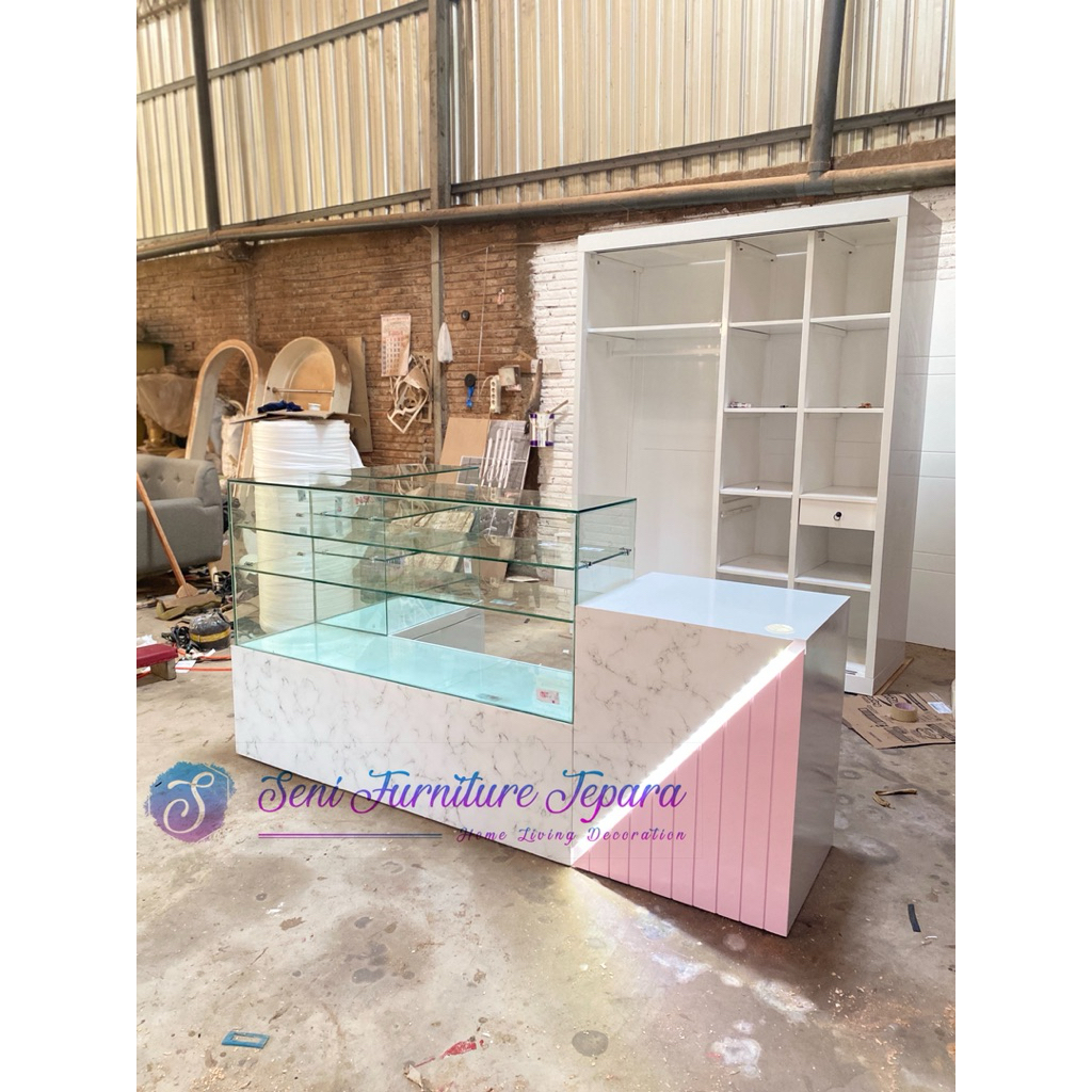 MEJA RESEPSIONIS CUSTOM KACA TAMPERED/meja kerja/etalase kue/etalase aestetic/resepsionis/meja etala