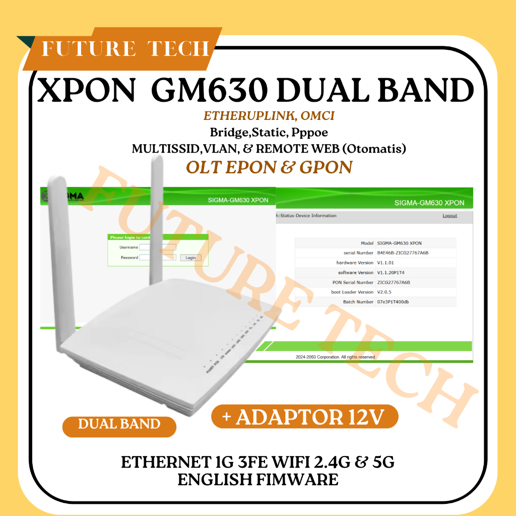 XPON EPON-GPON GM630 DUAL BAND OMCI DENGAN ADAPTOR