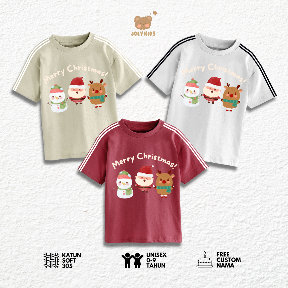 Jolly Kids Baju Atasan Kaos Anak Usia 1-9 Tahun Perempuan Laki Laki STRIP 3 NATAL Cewek Cowok