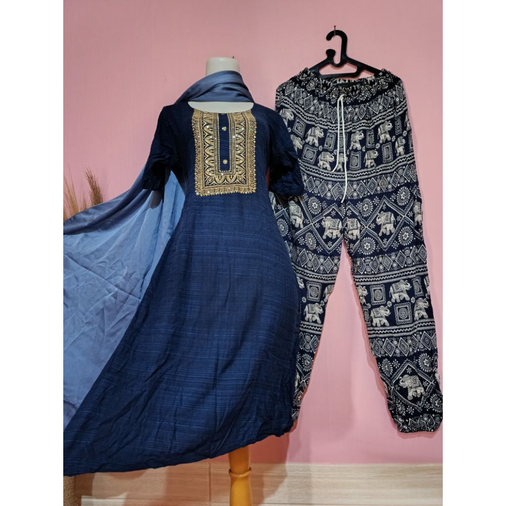 BAJU INDIA/ KURTI SET KATUN NAVY LENGAN PENDEK/ BORDIR PO