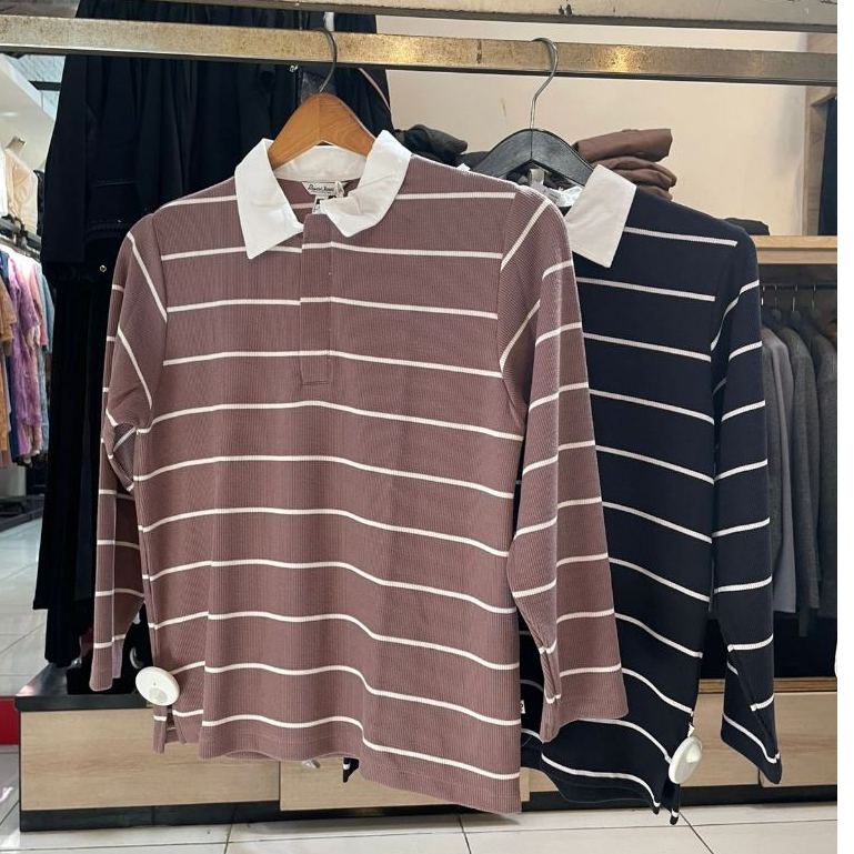 Kaos Kerah Wanita Panjang Remix RILC348B Salur Katun Original