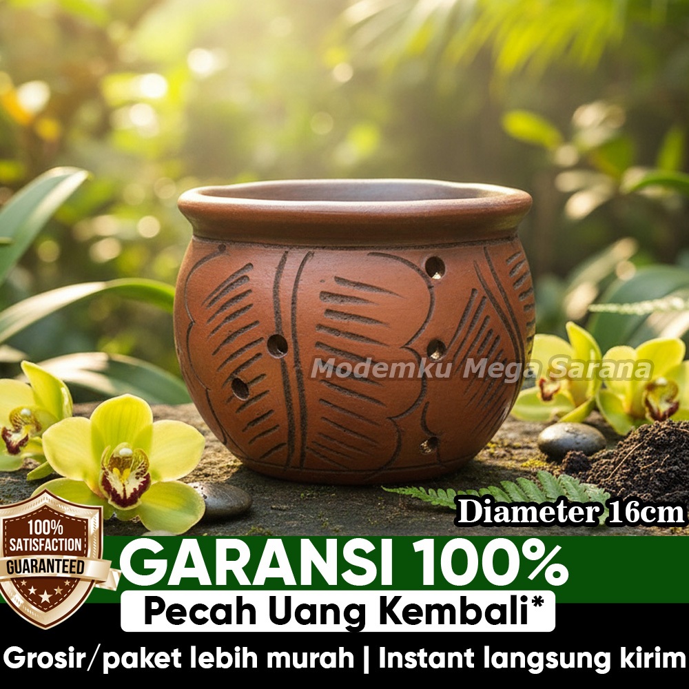 Pot Anggrek Tanah Liat Terakota Motif Daun Bolong Empluk – Pot Tanaman Gantung & Hiasan Meja Estetik