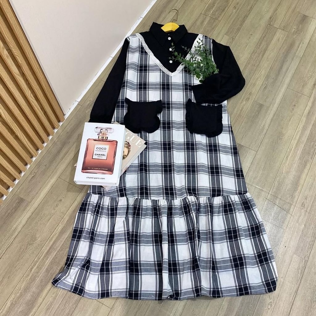 GIANISA | ZIFNI DRESS rayon dress motif kotak casual dress pakaian wanita lengan panjang kerah kemej