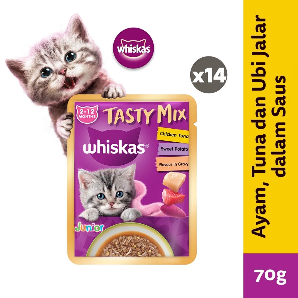 WHISKAS Tasty Mix Gravy Junior Makanan Basah Anak Kucing Pilih Rasa 70g (14-Pack)