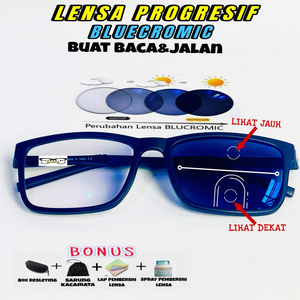 SEPAKET-FRAME + LENSA PROGRESIF BLUECROMIC KACAMATA BACA + JALAN PROGRESIF LENSA BLUECROMIC