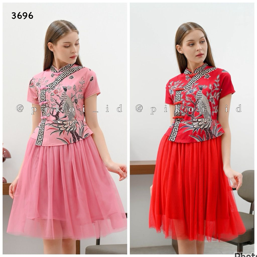 Dress batik merah / dress cheongsam batik / dress cheongsam murah / dress batik cny qipao 3300 3696
