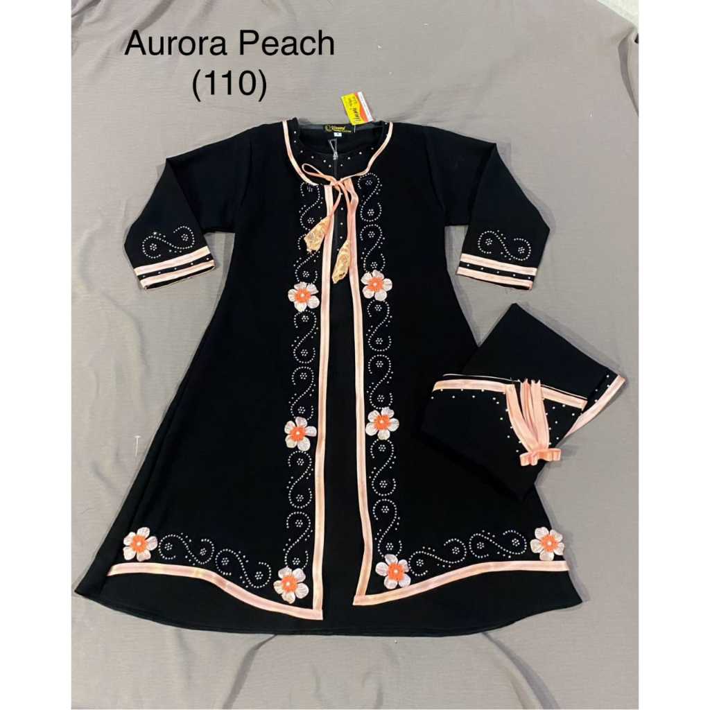 setelan abaya AURORA anak satu set jilbab cadar pita warna warni semi outer hitam jetblack