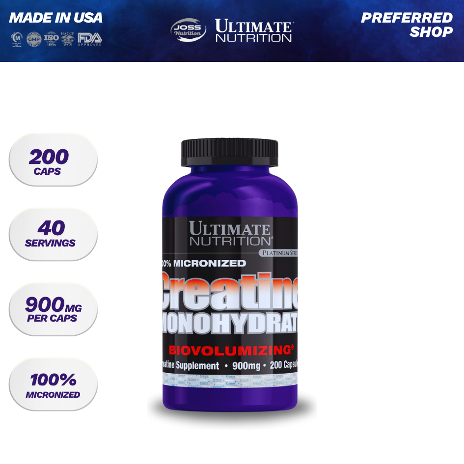 Ultimate Nutrition 200 Caps Creatine Monohydrate Micronized Biovolumizing | Import USA - Suplemen Fi