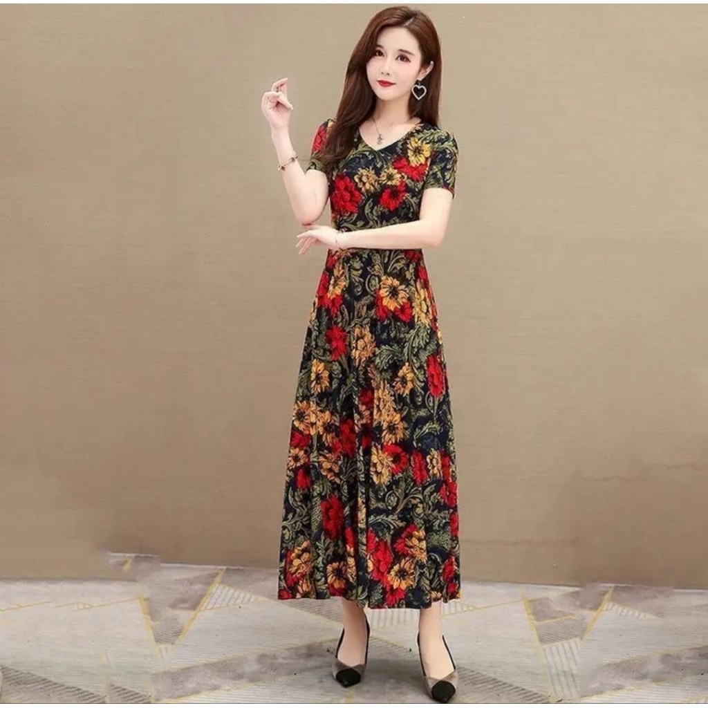 Dress Gaun Maxy Wanita Bermotif Bunga Sexy Elegant
