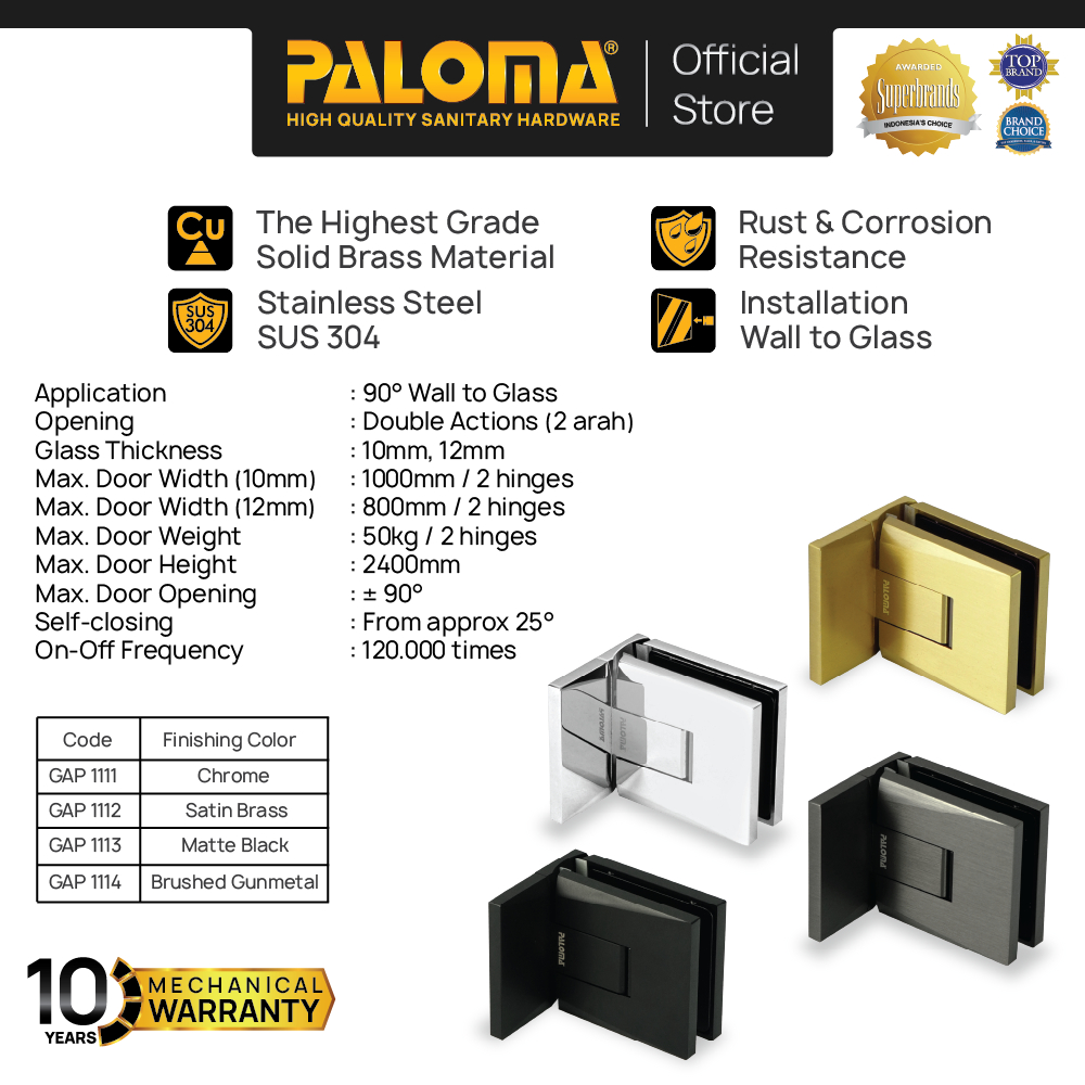 PALOMA Engsel Shower Hinge Pintu Kaca Kamar Mandi Jepit Penjepit Partisi Box Kaca ke Dinding Tembok 