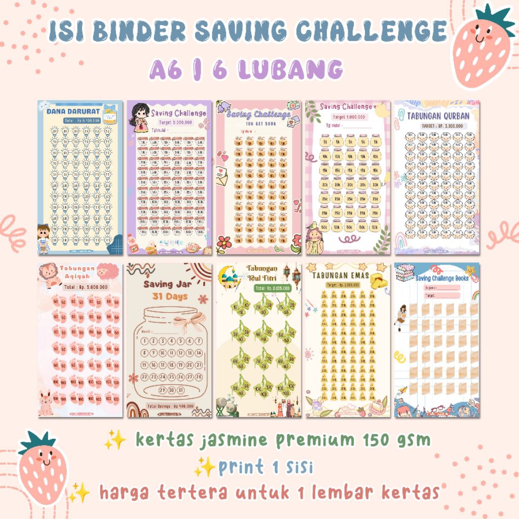 1 Lembar Kertas Saving Challenge A6 | 6 Lubang | Isi Binder Kertas Menabung A6